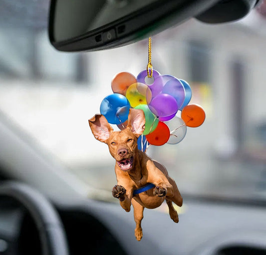Vizsla hond fly met ballonnen autohanger