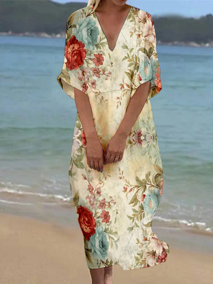 Vintage midi-jurk met losse lange mouwen en ronde hals
