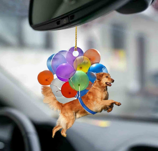 Golden Retriever hond fly met ballonnen autohanger