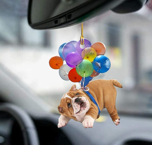Bulldog hond fly met ballonnen autohanger