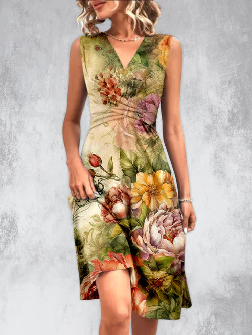 Bloemen design V-hals mouwloos midi dress